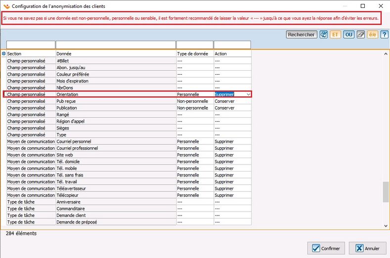 Configuration de l'anonymisation des clients